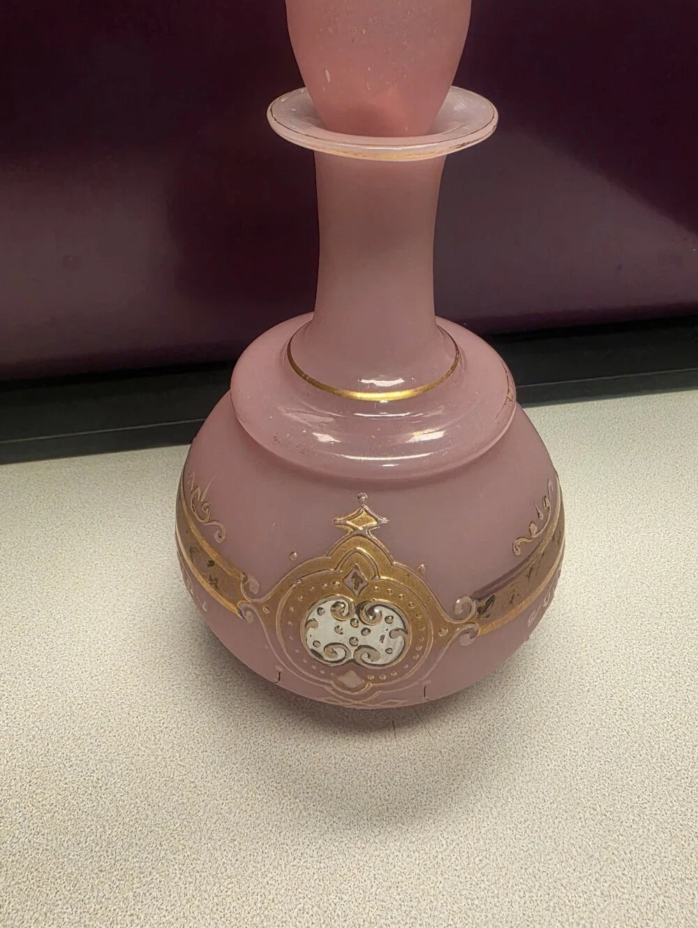 Antique Pink Opaline Glass Decanter. Genie Bottle